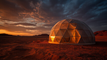 Mars colony dome sunset, panoramic view with layered domes casting long shadows on rust-colored sand