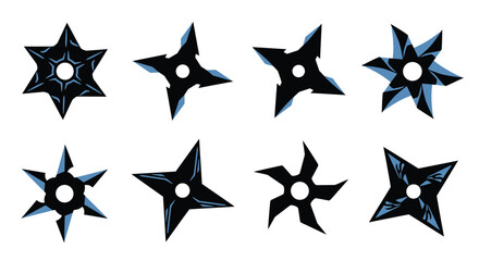 A collection of metallic throwing stars in various shades of blue