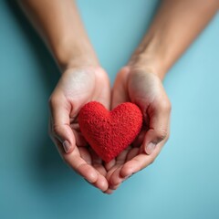 Adult holds red heart in hands. Woman offers heart shape as symbol love. Concept help, charity, donation. Valentines Day celebrations. Heart health awareness. Organ donor support. Healthcare related