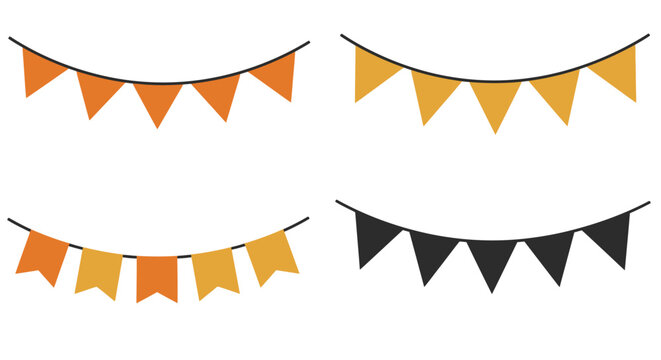 Colorful halloween bunting flags arranged in rows on a white background