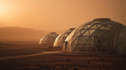 Mars colony dome sunset, panoramic view with layered domes casting long shadows on rust-colored sand