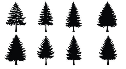 A collection of black silhouette evergreen trees against a white background
