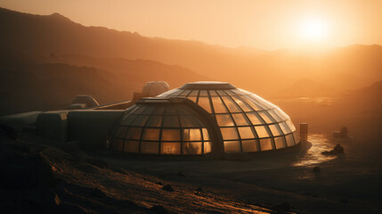 Mars colony dome sunset, panoramic view with layered domes casting long shadows on rust-colored sand