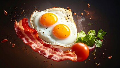 Flying sunny side egg with bacon strips and condiments apart for breakfast 