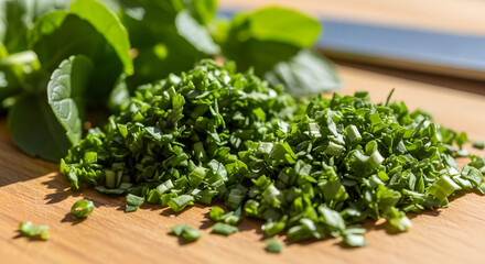 Close up of chopped chives on a wooden cutting board with green leaves in the background