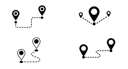 Black map pin icons with dotted lines showing routes and locations