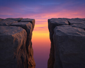 Mental Health Gratitude Concept, Dramatic rocky cliff gap reveals colorful sunset inspiring mental health awareness and gratitude nature peaceful