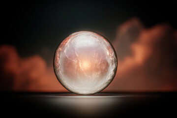 Mental Health Gratitude Concept, Crystal ball on dark surface with orange sunset sky reflecting mental health gratitude and spiritual healing