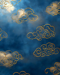 Golden Clouds on Blue Sky: A mesmerizing pattern of elegant golden cloud outlines drifts gracefully against a textured blue sky. A blend of traditional aesthetic and modern design.