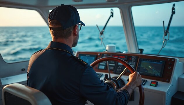 Man steers boat on blue ocean waves. He wears uniform and cap. Modern ship bridge shows navigation screen and helm wheel. Captain looks at horizon. - Powered by Adobe