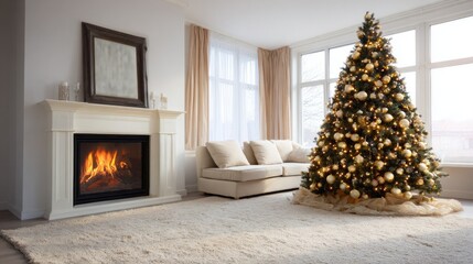 Cozy living room decorated for Christmas with a beautifully lit tree and a warm fireplace