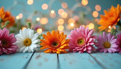 Vibrant pink, white, orange, purple gerbera daisies line rustic blue wooden table at night. Soft golden bokeh lights twinkle in blurry background. Beautiful floral display creates festive, romantic,