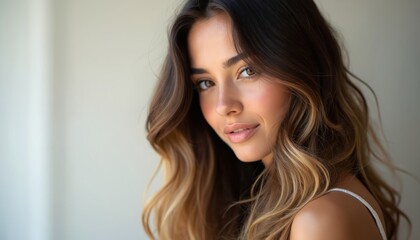 Portrait of a gorgeous young woman with flowing hair. She has wavy dark hair with blond highlights. Her skin glows. She looks at camera. Beauty and fashion.