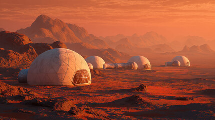Mars colony dome sunset, panoramic view with layered domes casting long shadows on rust-colored sand