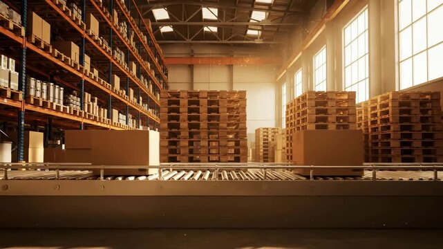 Boxes on conveyor belt in bright warehouse with pallet stacks