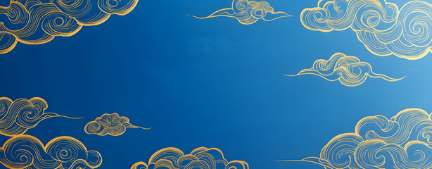 Celestial Symphony: An artistic dance of gold clouds floating against a serene blue backdrop, evoking a sense of peace and enchantment.