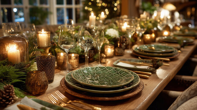 A festive Christmas dinner table is elegantly arranged with intricate plates and sparkling glassware. Soft candlelight illuminates the scene, creating a warm and inviting atmosphere. - Powered by Adobe