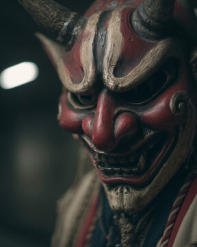 Intricate kurent mask with striking red and horned features during festival time