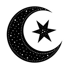 Simple black silhouette crescent moon with star illustration vector scalable graphic design elements