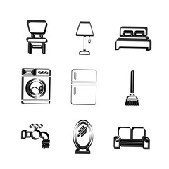 3d Collection of furniture and appliances depicted as simple line drawings, representing common household items in a minimalist style.