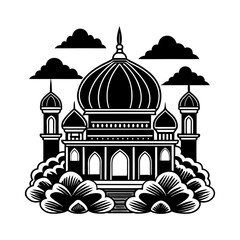 Vector silhouette of a mosque dome with stylized clouds around islamic architecture