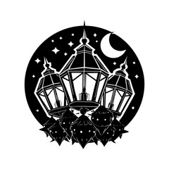 Silhouette lantern cluster with crescent moon and stars vector illustration scalable graphic design