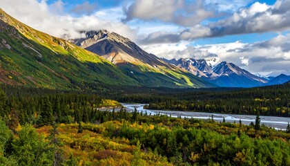 Naklejka premium A breathtaking vista of a mountain valley, showcasing vibrant autumn colors cascading down the slopes, a winding river flowing through a dense forest, and snow-capped peaks piercing the cloudy sky.