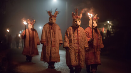 Obraz premium Experiencing the magic of evening parade with torches and kurent masks