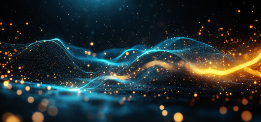 Abstract Digital Waves with Glowing Particles in Dark Background