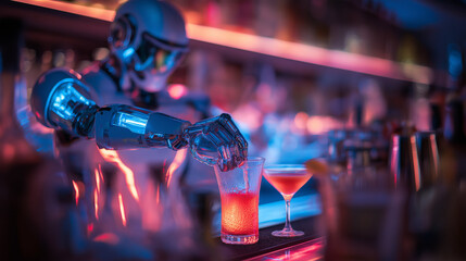 Robot bartender neon lights, sleek android bartender glowing in bar booth, soft tech glow