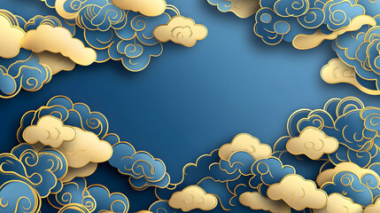 Celestial Dance: An artistic display of swirling clouds, rendered in shades of gold and blue against a deep blue backdrop, creating a sense of serenity and wonder.