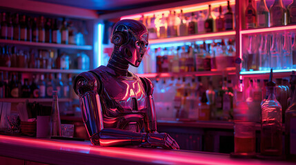 Robot bartender neon lights, sleek android bartender glowing in bar booth, soft tech glow