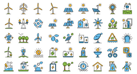 A collection of various renewable energy source icons including wind solar and hydroelectric power sources