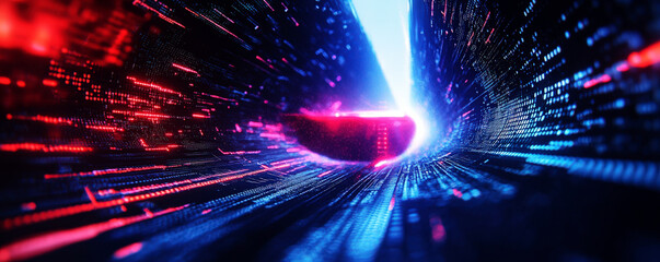 Vibrant futuristic tunnel with glowing lights and digital patterns