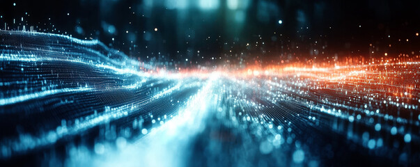 Dynamic digital waves with bright light trails and abstract patterns