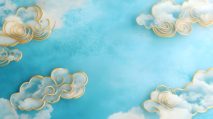 Heavenly Abstraction: Elegant gold-trimmed clouds drift across a serene, light blue backdrop, evoking a sense of peace and tranquility. This artistic piece is a visual ode to the heavens.