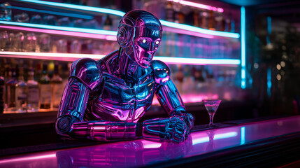 Robot bartender neon lights, sleek android bartender glowing in bar booth, soft tech glow