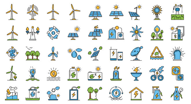 A collection of various renewable energy source icons including wind solar and hydroelectric power sources