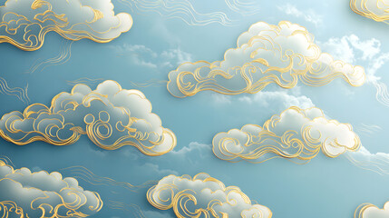 Celestial Clouds: Delicate gold accents adorn fluffy clouds set against a serene blue sky, the image evokes a sense of calm and peace. 