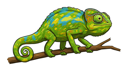 Fototapeta premium A cartoon chameleon with green and blue spots perched on a brown branch against a white background