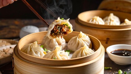 Obraz premium Flying xiao long bao half bite with broth dripping, vinegar sauce bowl apart.