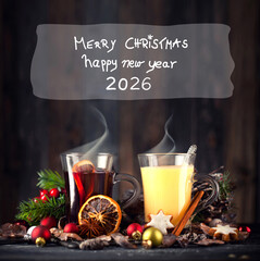 hot mulled wine and eggnog, merry christmas and a happy new year 2026