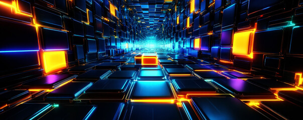 Futuristic digital tunnel with glowing geometric shapes