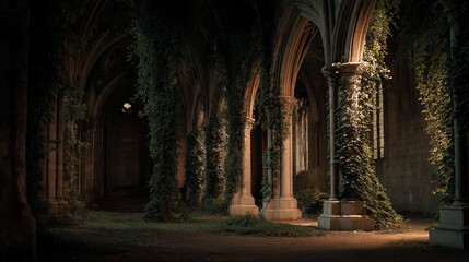 Ruined cathedral with vines, vines wrapping around tall stone pillars in dim light
