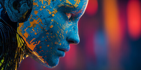 Robot profile, ethno motoves, its surface a map of artificial intelligence circuitry, representing deep learning and machine learning models.