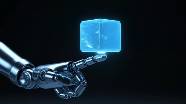 A metallic robot hand delicately supports a luminous, translucent blue cube against a dark backdrop. The cube appears to glow, creating a futuristic atmosphere