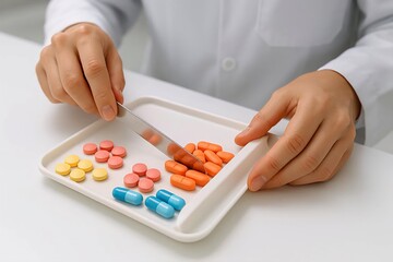 Close-up of a pharmacist's hands counting pills on a clean, white counter.