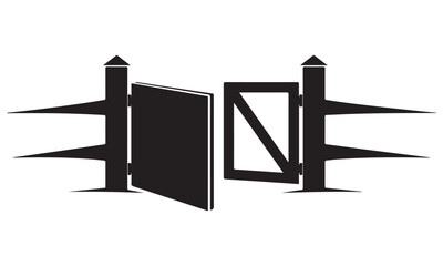 Stylized Black and White Open Gate Illustration with Fence Posts