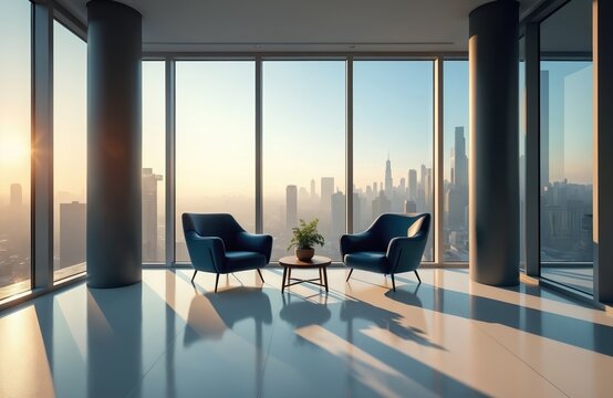 Modern office interior features two stylish armchairs, small table. Panoramic windows overlook vast city skyline at sunrise sunset. High rise building lounge area with professional design, great
