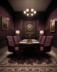 Business Boss Appreciation Concept, Luxurious business meeting room with purple velvet seating reveals appreciation for boss level elegance